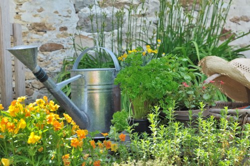 Cranford outdoor space featuring patios pathways and structured greenery